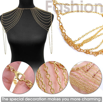Yomiie Body Shoulder Chain Multilayered Gold Tassels Link Harness Necklace Fashion Jewelry Belly Waist Bra Boho Hot Bikini Beach Anniversary Festival for Women Girls Apparel & Accessories > Jewelry > Body Jewelry Yomiie   