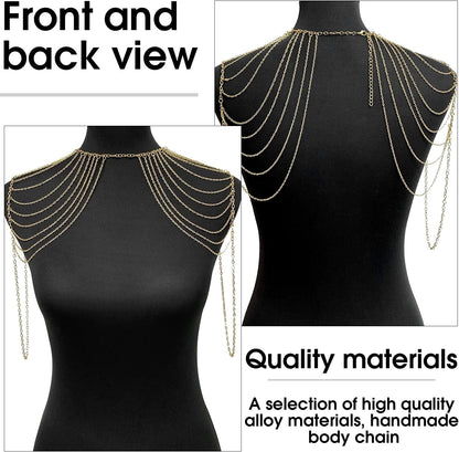 Yomiie Body Shoulder Chain Multilayered Gold Tassels Link Harness Necklace Fashion Jewelry Belly Waist Bra Boho Hot Bikini Beach Anniversary Festival for Women Girls Apparel & Accessories > Jewelry > Body Jewelry Yomiie   
