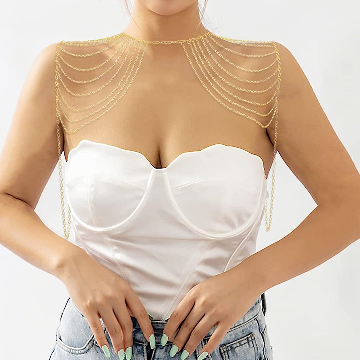Yomiie Body Shoulder Chain Multilayered Gold Tassels Link Harness Necklace Fashion Jewelry Belly Waist Bra Boho Hot Bikini Beach Anniversary Festival for Women Girls Apparel & Accessories > Jewelry > Body Jewelry Yomiie   