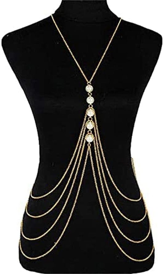 Yomiie Pearl Body Chain Sexy Cross Chest Chain Multilayer Gold Layered Tassels Fashion Pearl Necklace Body Chains Jewelry Hot Bikini Bra Beach Show for Women and Girls Apparel & Accessories > Jewelry > Body Jewelry Yomiie   
