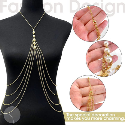 Yomiie Pearl Body Chain Sexy Cross Chest Chain Multilayer Gold Layered Tassels Fashion Pearl Necklace Body Chains Jewelry Hot Bikini Bra Beach Show for Women and Girls Apparel & Accessories > Jewelry > Body Jewelry Yomiie   