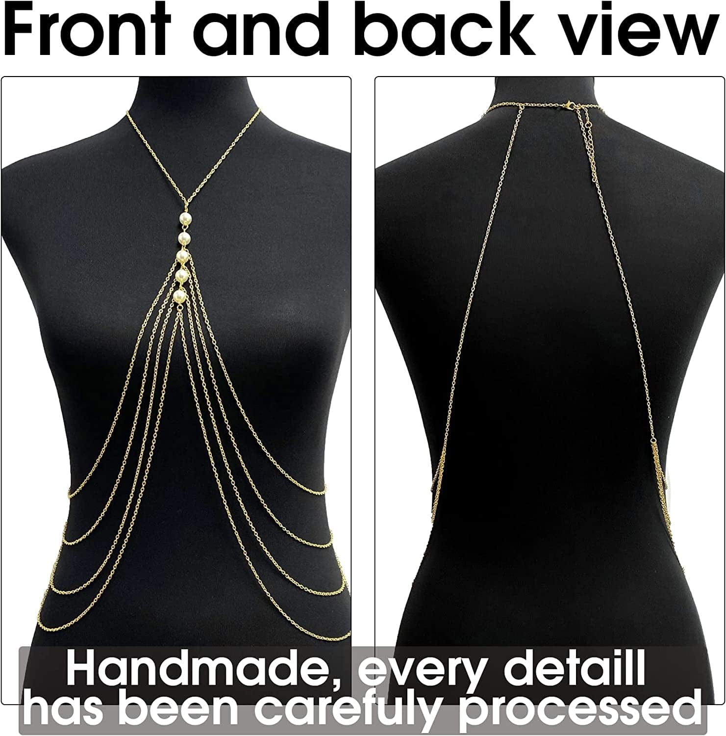 Yomiie Pearl Body Chain Sexy Cross Chest Chain Multilayer Gold Layered Tassels Fashion Pearl Necklace Body Chains Jewelry Hot Bikini Bra Beach Show for Women and Girls Apparel & Accessories > Jewelry > Body Jewelry Yomiie   