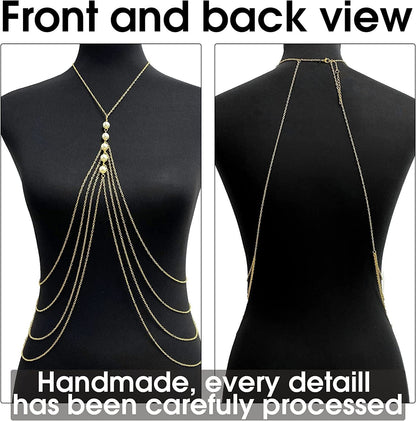 Yomiie Pearl Body Chain Sexy Cross Chest Chain Multilayer Gold Layered Tassels Fashion Pearl Necklace Body Chains Jewelry Hot Bikini Bra Beach Show for Women and Girls Apparel & Accessories > Jewelry > Body Jewelry Yomiie   