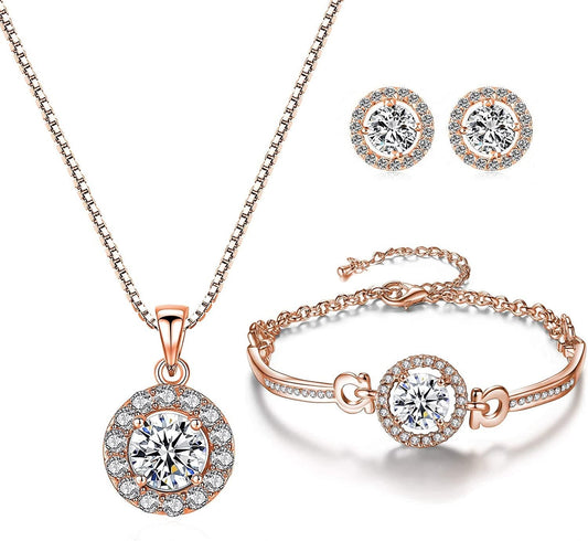 Yooai Jewellery Set Heart Pendant Necklace and Earrings Set Cubic Zirconia Jewellery for Women Round Rose Gold