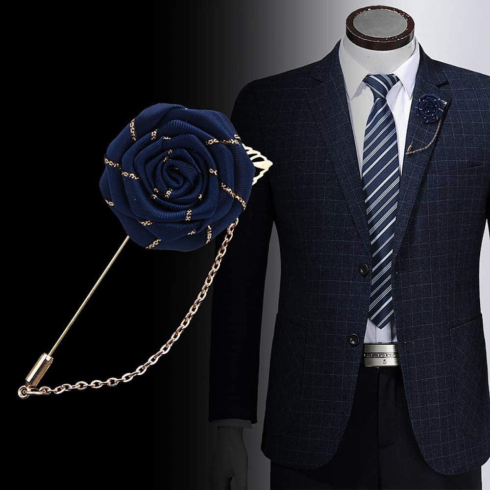 YOOE Men Cloth Rose Flower with Gold Leaf Brooch. Red Blue Rose Floral Lapel Stick Handmade Boutonniere Pins for Suit,Lapel Pin Wedding Brooch
