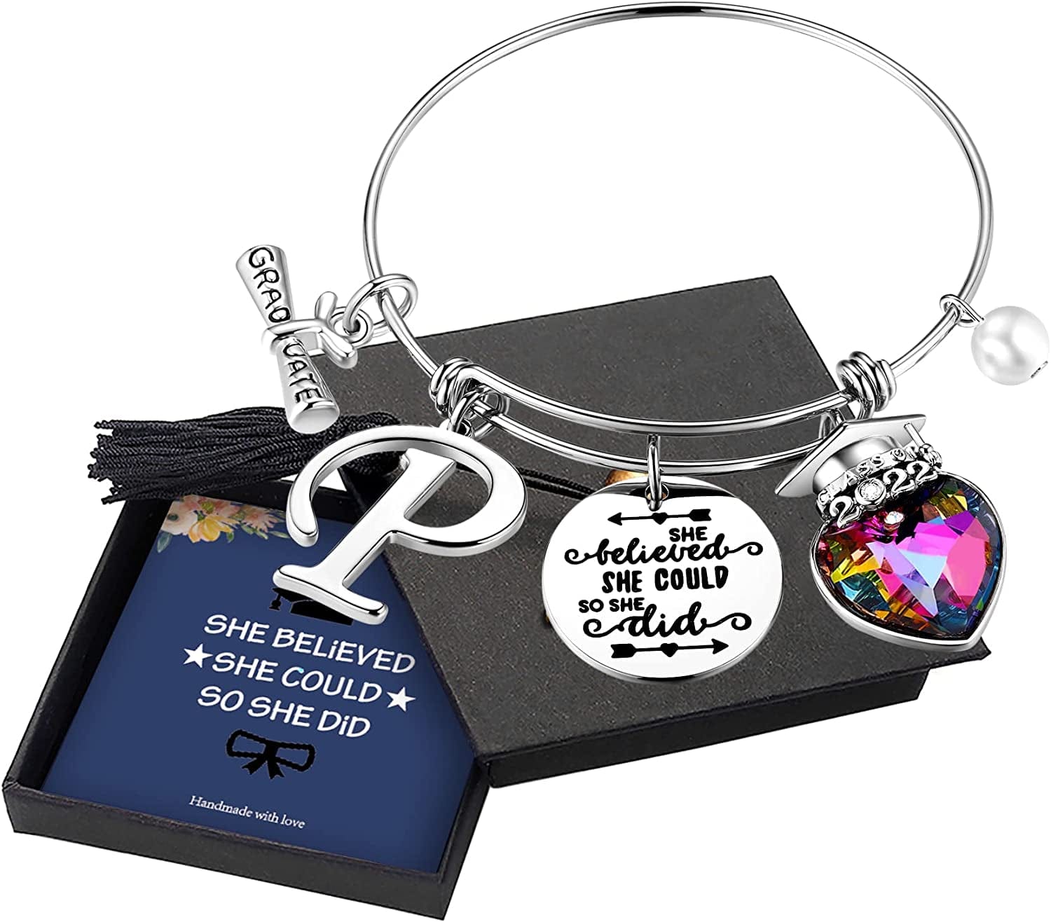 Yoosteel 2022 Graduation Gifts Charm Bracelets, 26 Initial Engraved Inspirational Bracelets Quote She Believed She Could so She Did Bracelet College Graduation Gifts for Him Her 2022 High School Apparel & Accessories > Jewelry > Bracelets Yoosteel P-Silver  