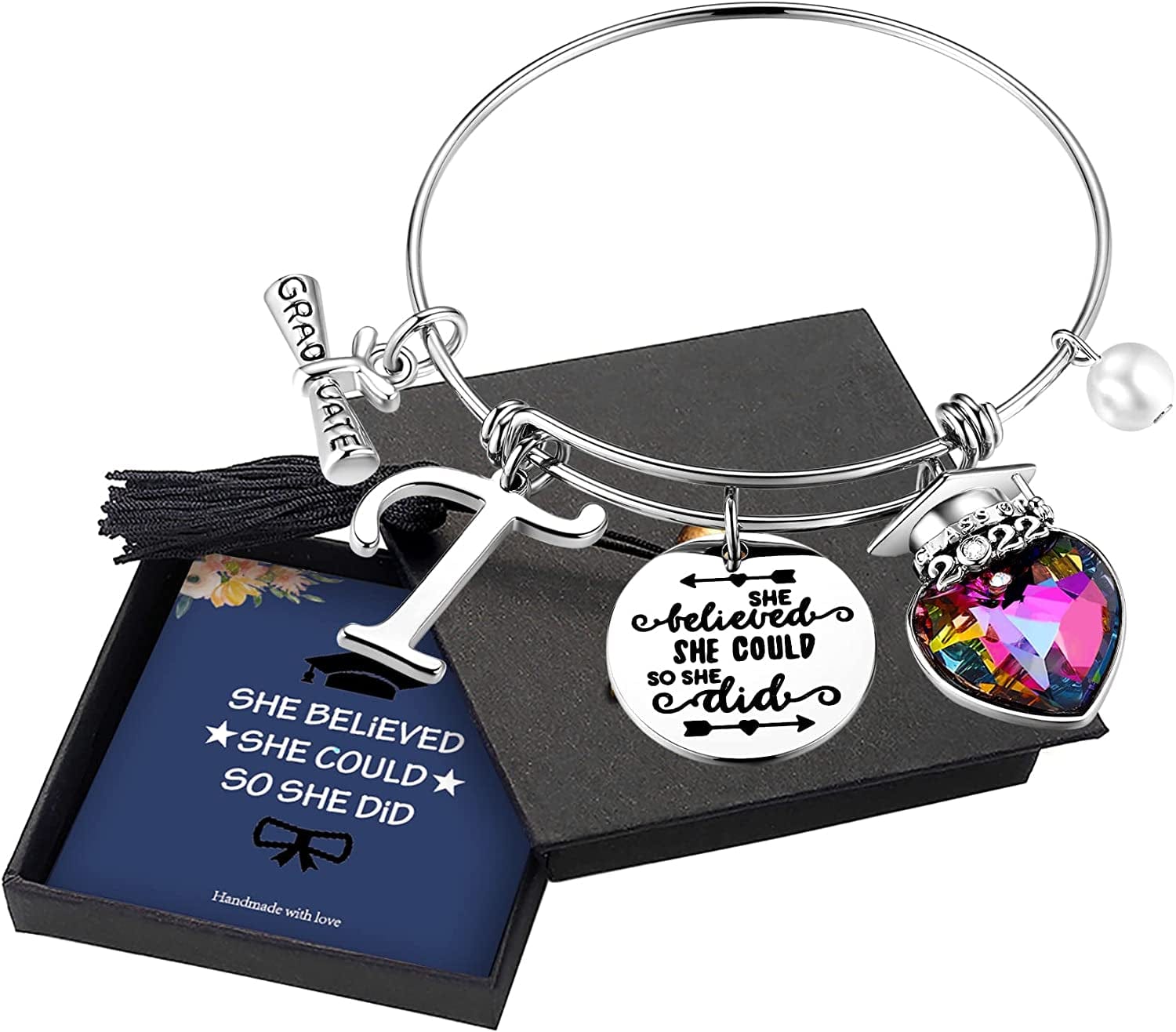 Yoosteel 2022 Graduation Gifts Charm Bracelets, 26 Initial Engraved Inspirational Bracelets Quote She Believed She Could so She Did Bracelet College Graduation Gifts for Him Her 2022 High School Apparel & Accessories > Jewelry > Bracelets Yoosteel T-Silver  
