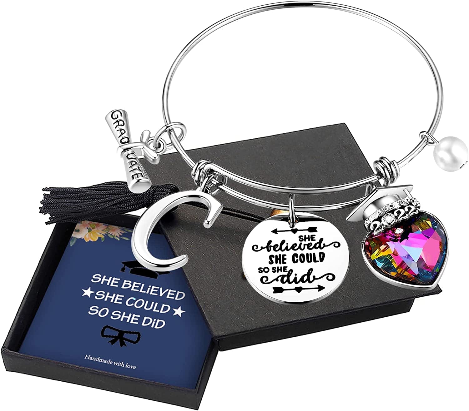 Yoosteel 2022 Graduation Gifts Charm Bracelets, 26 Initial Engraved Inspirational Bracelets Quote She Believed She Could so She Did Bracelet College Graduation Gifts for Him Her 2022 High School Apparel & Accessories > Jewelry > Bracelets Yoosteel C-Silver  