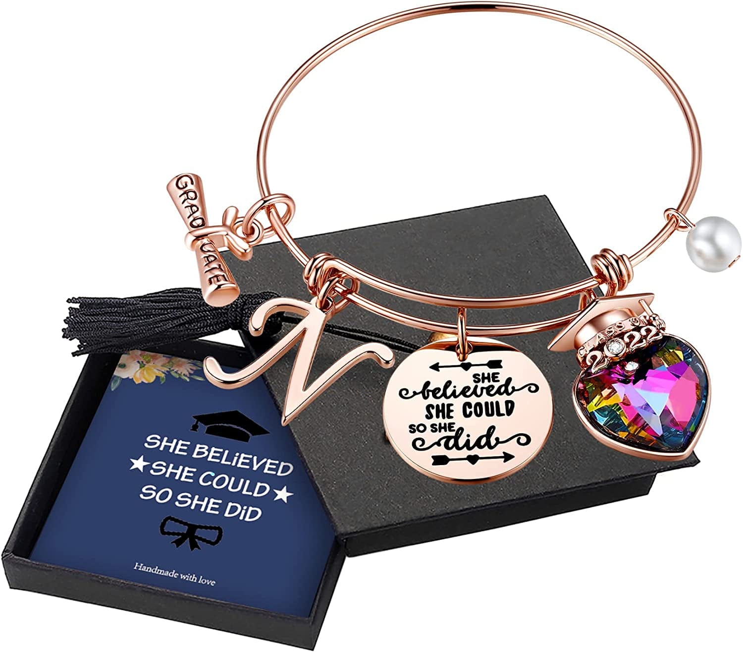 Yoosteel 2022 Graduation Gifts Charm Bracelets, 26 Initial Engraved Inspirational Bracelets Quote She Believed She Could so She Did Bracelet College Graduation Gifts for Him Her 2022 High School Apparel & Accessories > Jewelry > Bracelets Yoosteel N-Rose Gold  