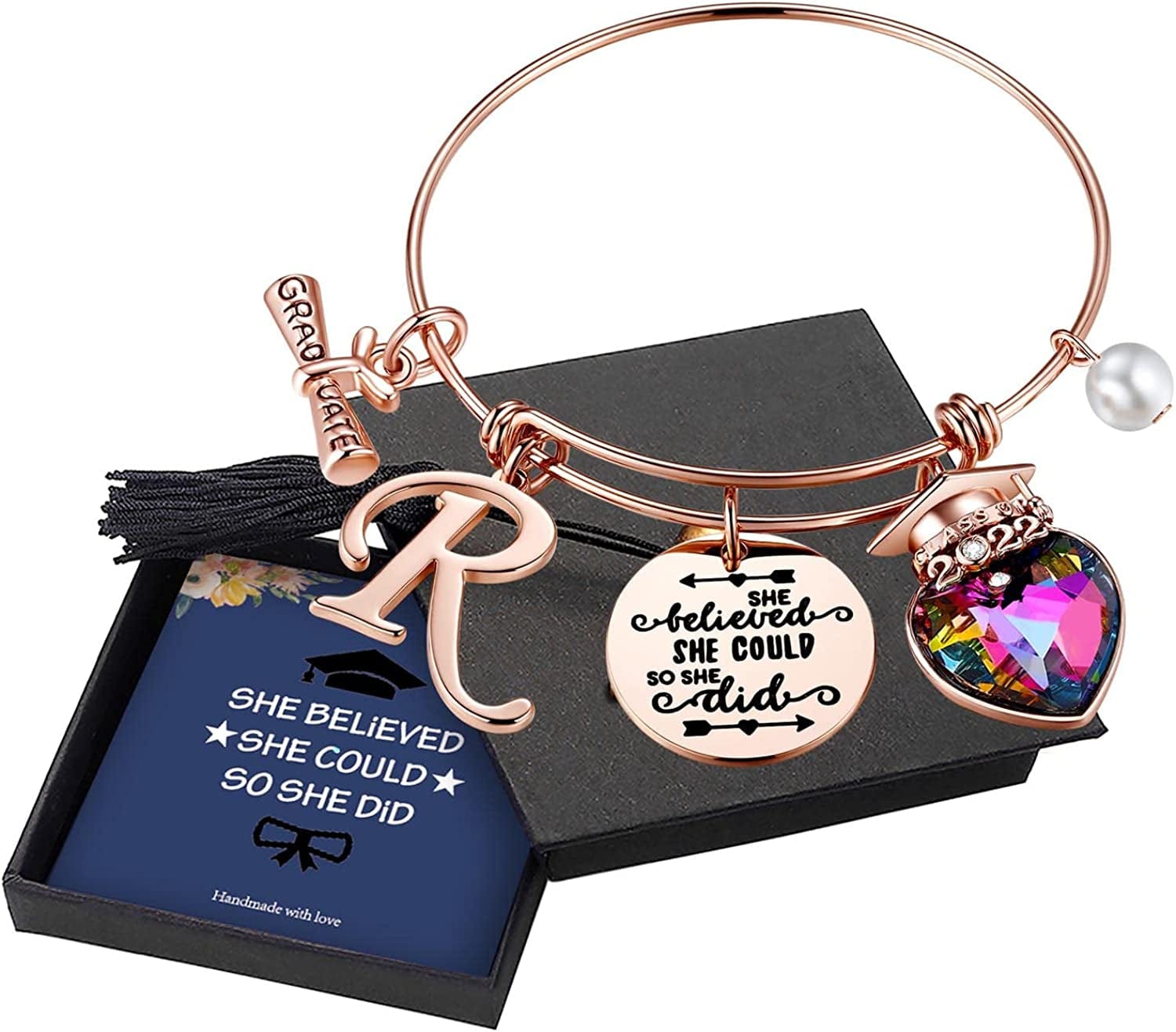 Yoosteel 2022 Graduation Gifts Charm Bracelets, 26 Initial Engraved Inspirational Bracelets Quote She Believed She Could so She Did Bracelet College Graduation Gifts for Him Her 2022 High School Apparel & Accessories > Jewelry > Bracelets Yoosteel R-Rose Gold  