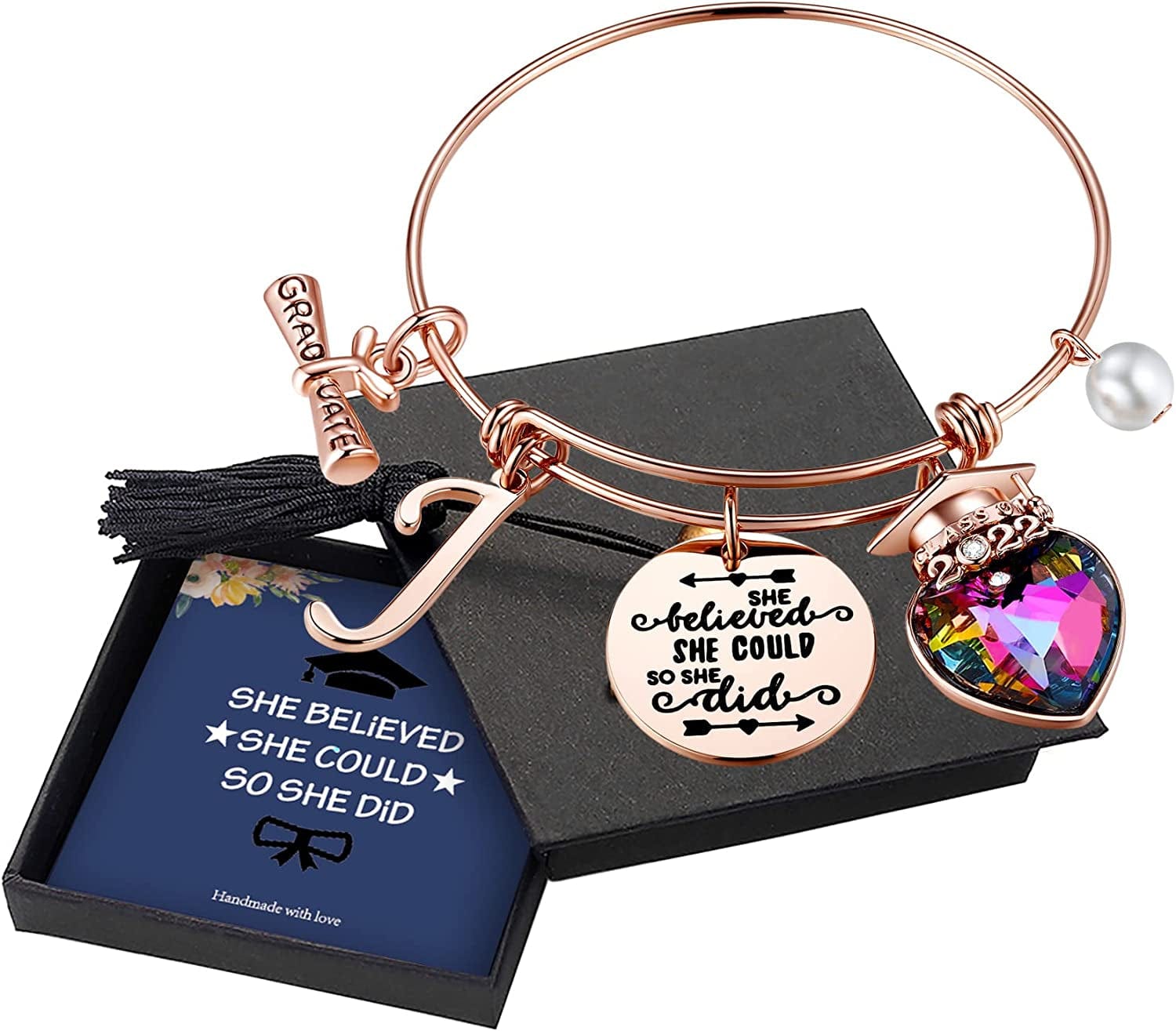 Yoosteel 2022 Graduation Gifts Charm Bracelets, 26 Initial Engraved Inspirational Bracelets Quote She Believed She Could so She Did Bracelet College Graduation Gifts for Him Her 2022 High School Apparel & Accessories > Jewelry > Bracelets Yoosteel J-Rose Gold  