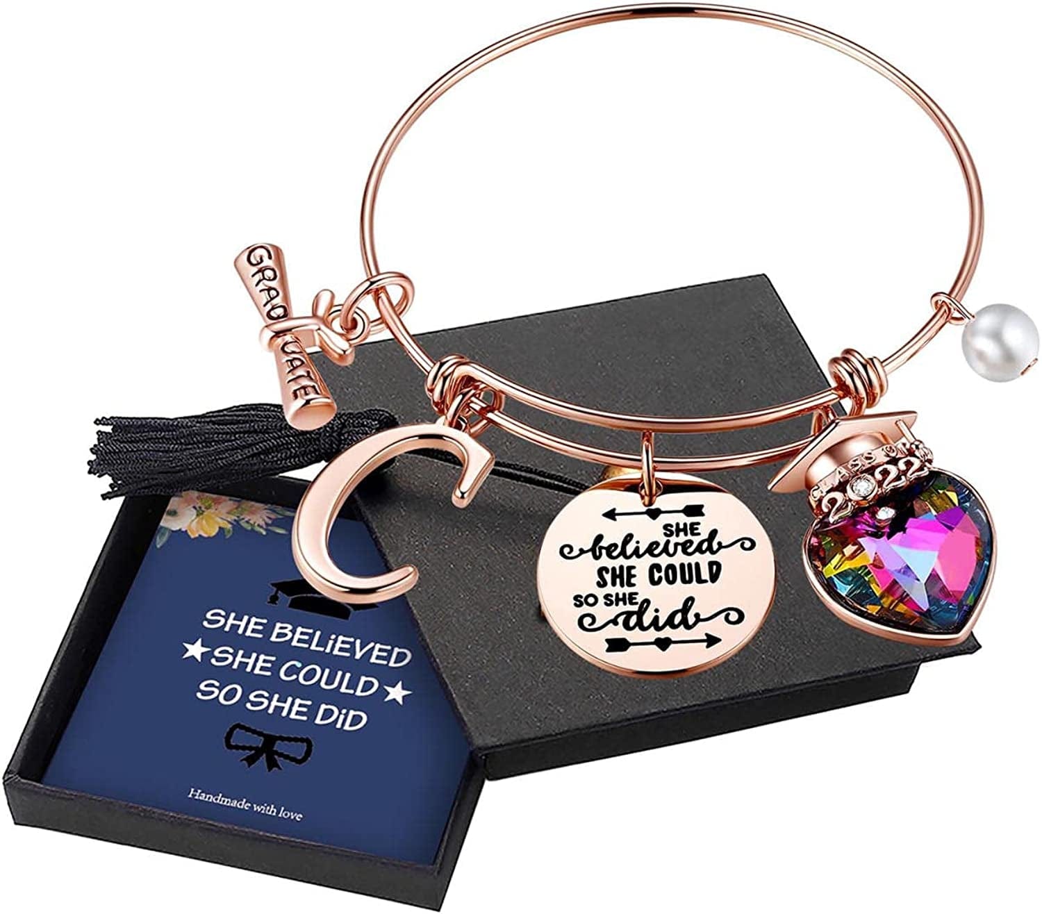 Yoosteel 2022 Graduation Gifts Charm Bracelets, 26 Initial Engraved Inspirational Bracelets Quote She Believed She Could so She Did Bracelet College Graduation Gifts for Him Her 2022 High School Apparel & Accessories > Jewelry > Bracelets Yoosteel C-Rose Gold  