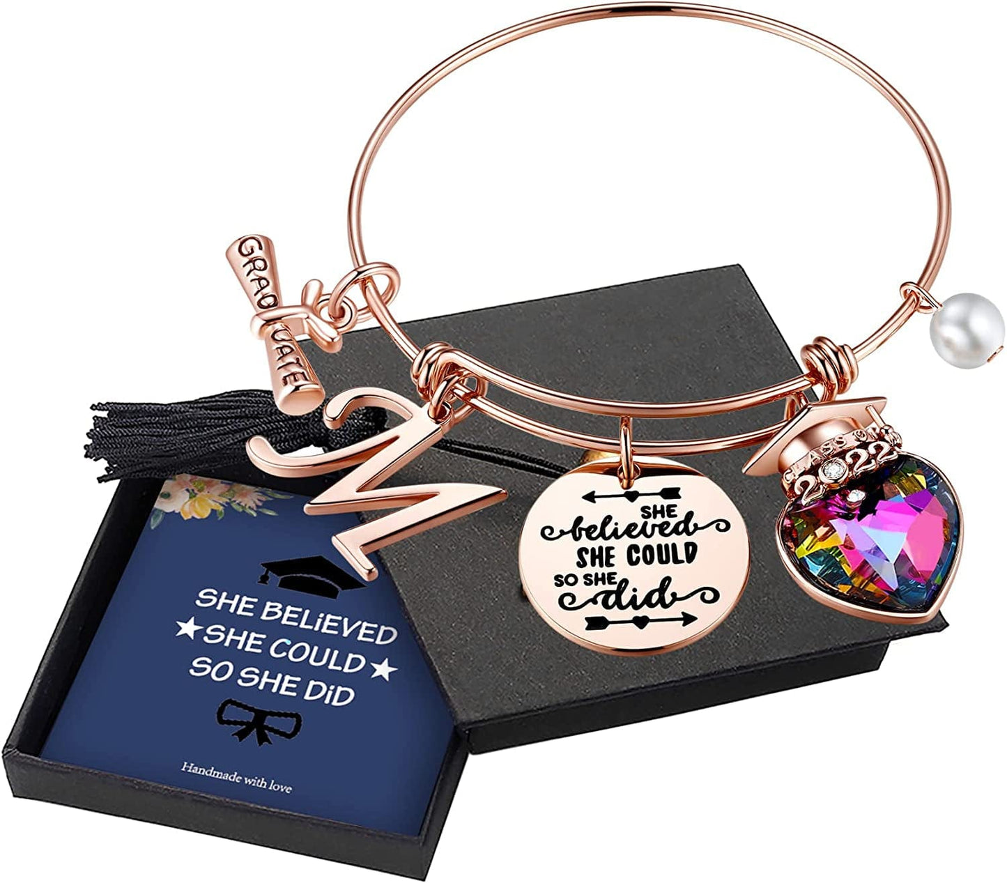 Yoosteel 2022 Graduation Gifts Charm Bracelets, 26 Initial Engraved Inspirational Bracelets Quote She Believed She Could so She Did Bracelet College Graduation Gifts for Him Her 2022 High School Apparel & Accessories > Jewelry > Bracelets Yoosteel M-Rose Gold  