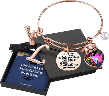 Yoosteel 2022 Graduation Gifts Charm Bracelets, 26 Initial Engraved Inspirational Bracelets Quote She Believed She Could so She Did Bracelet College Graduation Gifts for Him Her 2022 High School Apparel & Accessories > Jewelry > Bracelets Yoosteel L-Rose Gold  