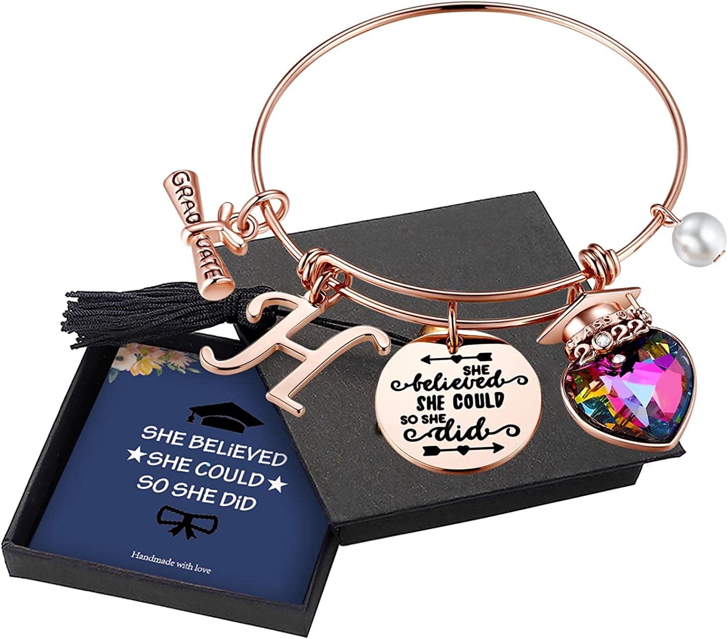 Yoosteel 2022 Graduation Gifts Charm Bracelets, 26 Initial Engraved Inspirational Bracelets Quote She Believed She Could so She Did Bracelet College Graduation Gifts for Him Her 2022 High School Apparel & Accessories > Jewelry > Bracelets Yoosteel H-Rose Gold  
