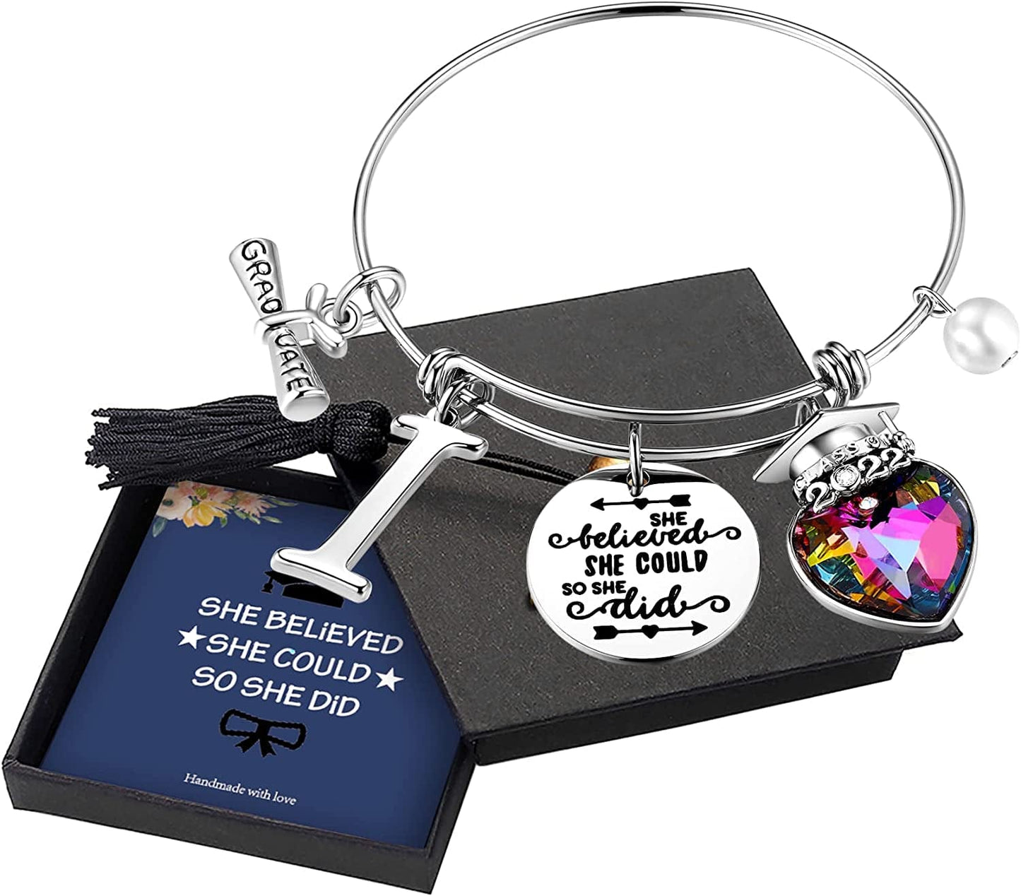 Yoosteel 2022 Graduation Gifts Charm Bracelets, 26 Initial Engraved Inspirational Bracelets Quote She Believed She Could so She Did Bracelet College Graduation Gifts for Him Her 2022 High School Apparel & Accessories > Jewelry > Bracelets Yoosteel I-Silver  