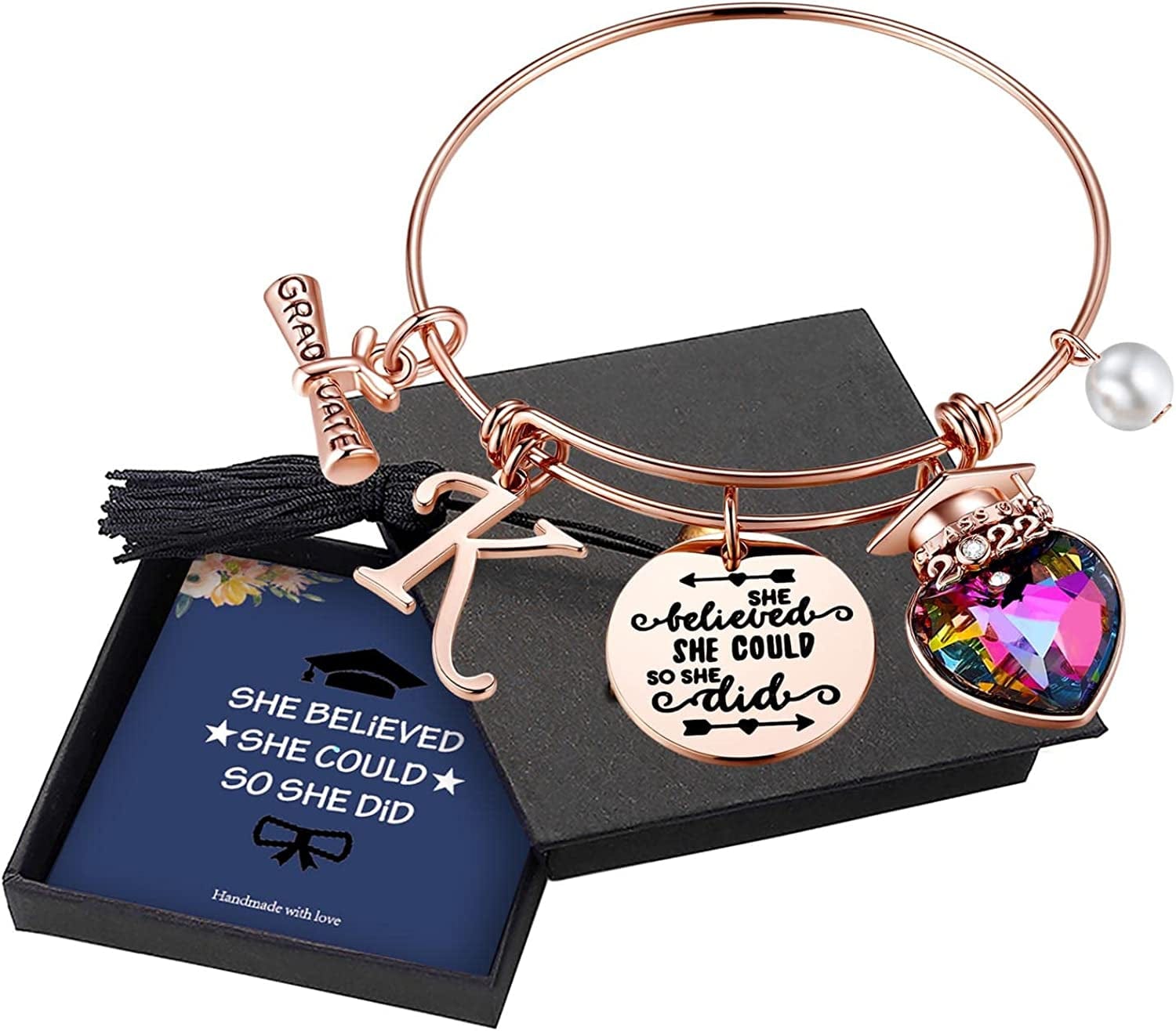 Yoosteel 2022 Graduation Gifts Charm Bracelets, 26 Initial Engraved Inspirational Bracelets Quote She Believed She Could so She Did Bracelet College Graduation Gifts for Him Her 2022 High School Apparel & Accessories > Jewelry > Bracelets Yoosteel K-Rose Gold  