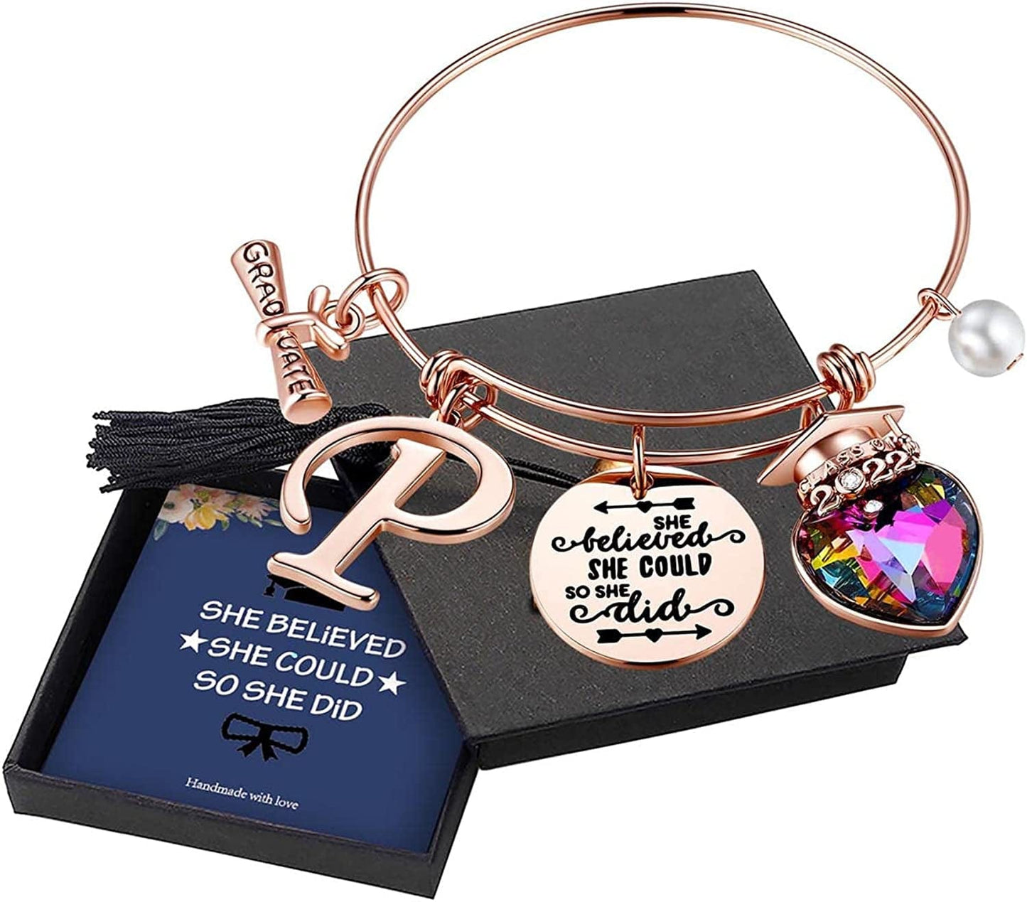 Yoosteel 2022 Graduation Gifts Charm Bracelets, 26 Initial Engraved Inspirational Bracelets Quote She Believed She Could so She Did Bracelet College Graduation Gifts for Him Her 2022 High School Apparel & Accessories > Jewelry > Bracelets Yoosteel P-Rose Gold  