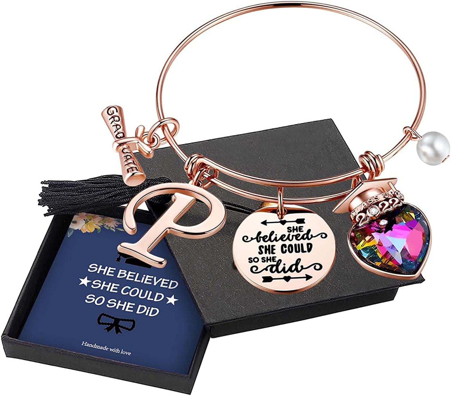 Yoosteel 2022 Graduation Gifts Charm Bracelets, 26 Initial Engraved Inspirational Bracelets Quote She Believed She Could so She Did Bracelet College Graduation Gifts for Him Her 2022 High School Apparel & Accessories > Jewelry > Bracelets Yoosteel P-Rose Gold  