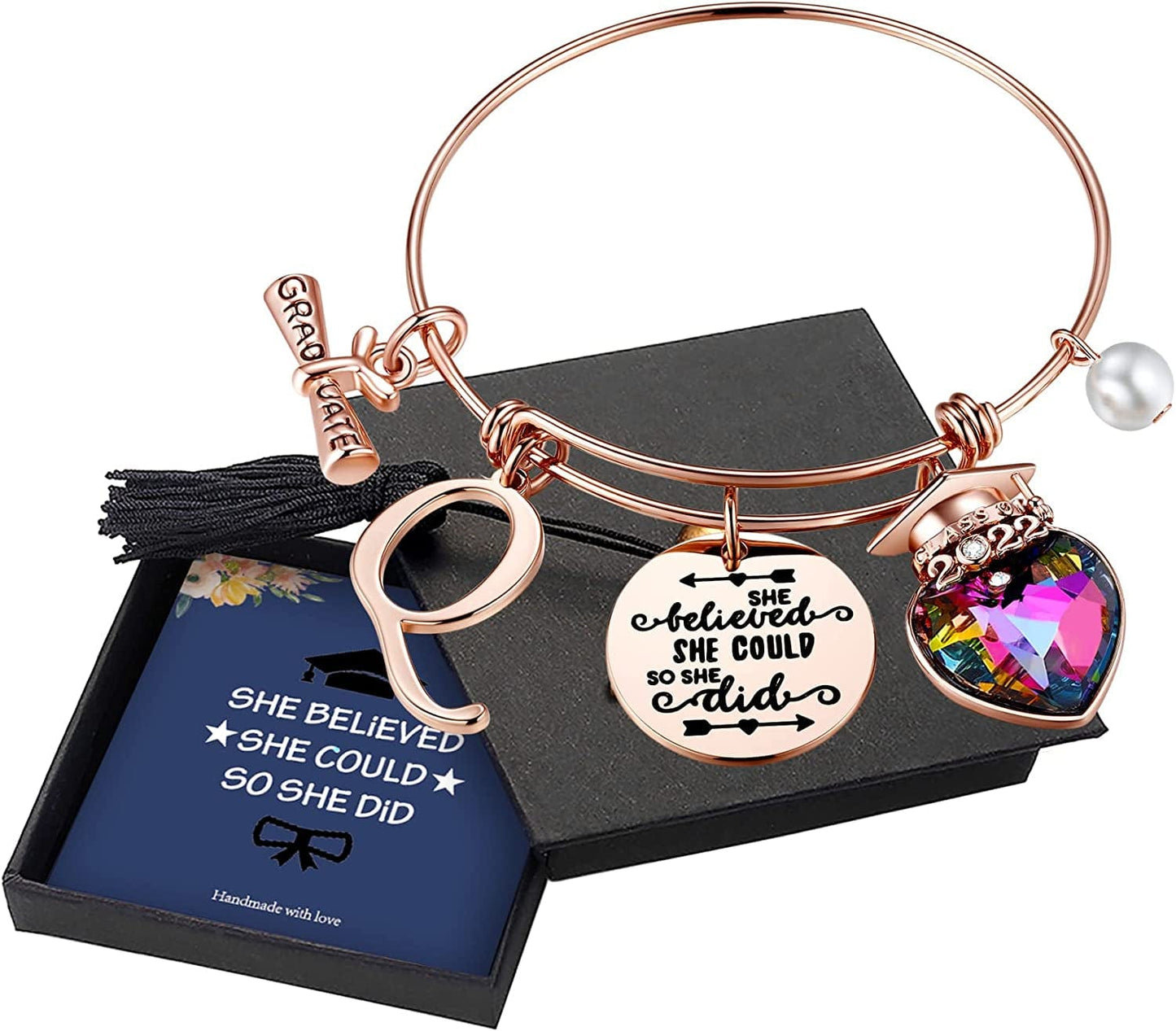 Yoosteel 2022 Graduation Gifts Charm Bracelets, 26 Initial Engraved Inspirational Bracelets Quote She Believed She Could so She Did Bracelet College Graduation Gifts for Him Her 2022 High School Apparel & Accessories > Jewelry > Bracelets Yoosteel Q-Rose Gold  
