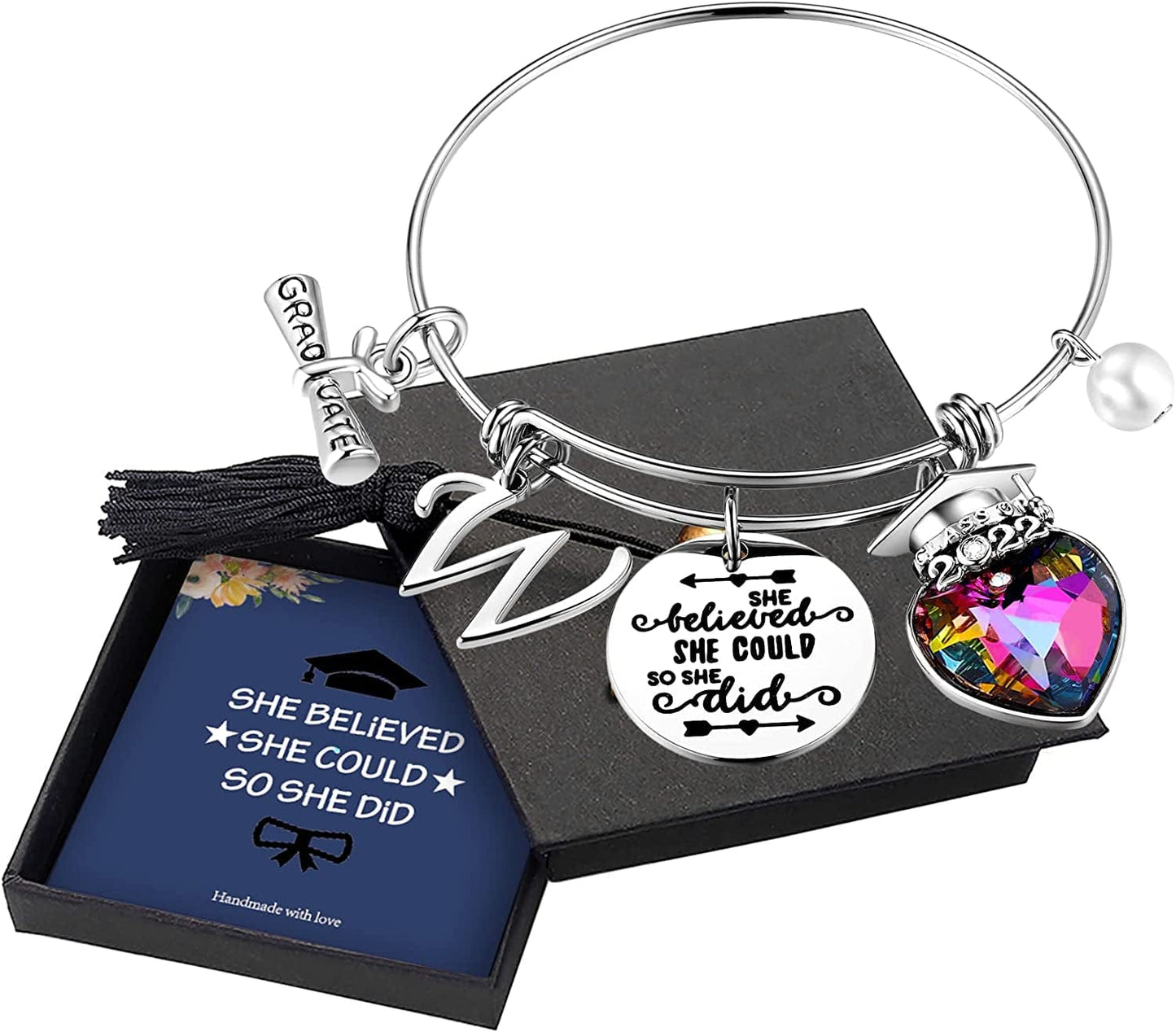 Yoosteel 2022 Graduation Gifts Charm Bracelets, 26 Initial Engraved Inspirational Bracelets Quote She Believed She Could so She Did Bracelet College Graduation Gifts for Him Her 2022 High School Apparel & Accessories > Jewelry > Bracelets Yoosteel W-Silver  