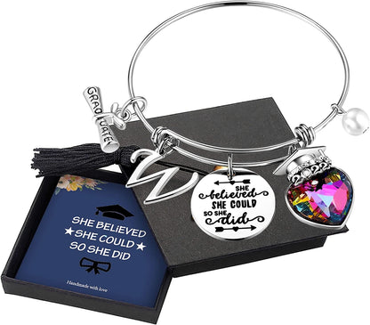 Yoosteel 2022 Graduation Gifts Charm Bracelets, 26 Initial Engraved Inspirational Bracelets Quote She Believed She Could so She Did Bracelet College Graduation Gifts for Him Her 2022 High School Apparel & Accessories > Jewelry > Bracelets Yoosteel W-Silver  