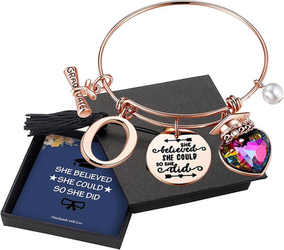 Yoosteel 2022 Graduation Gifts Charm Bracelets, 26 Initial Engraved Inspirational Bracelets Quote She Believed She Could so She Did Bracelet College Graduation Gifts for Him Her 2022 High School Apparel & Accessories > Jewelry > Bracelets Yoosteel O-Rose Gold  