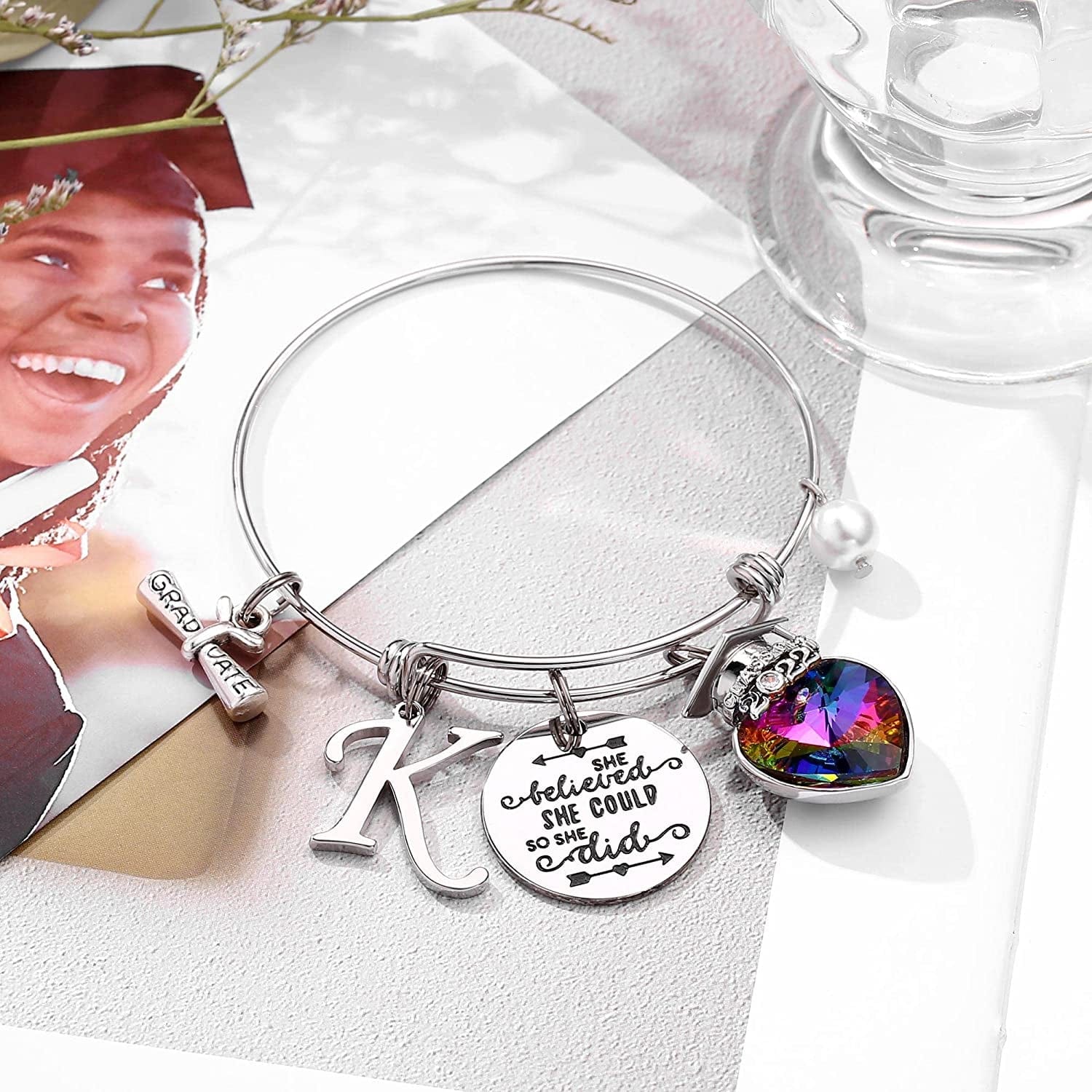 Yoosteel 2022 Graduation Gifts Charm Bracelets, 26 Initial Engraved Inspirational Bracelets Quote She Believed She Could so She Did Bracelet College Graduation Gifts for Him Her 2022 High School Apparel & Accessories > Jewelry > Bracelets Yoosteel   