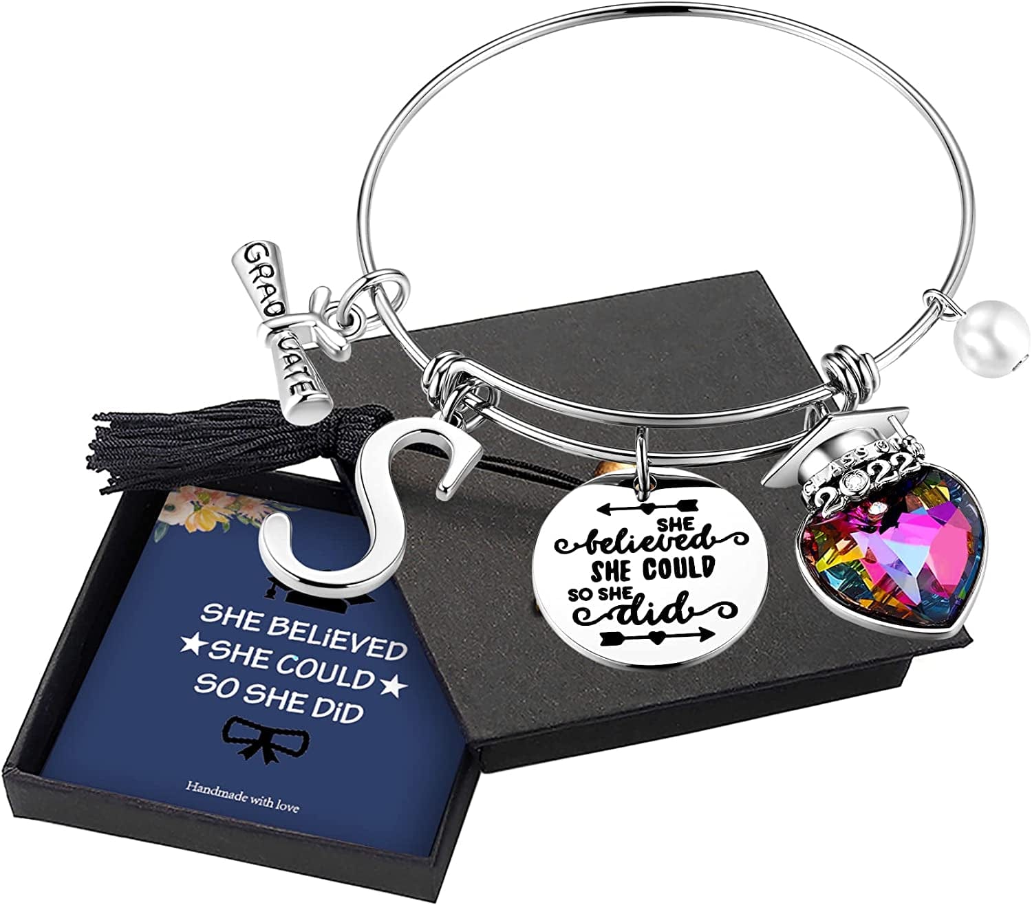 Yoosteel 2022 Graduation Gifts Charm Bracelets, 26 Initial Engraved Inspirational Bracelets Quote She Believed She Could so She Did Bracelet College Graduation Gifts for Him Her 2022 High School Apparel & Accessories > Jewelry > Bracelets Yoosteel S-Silver  