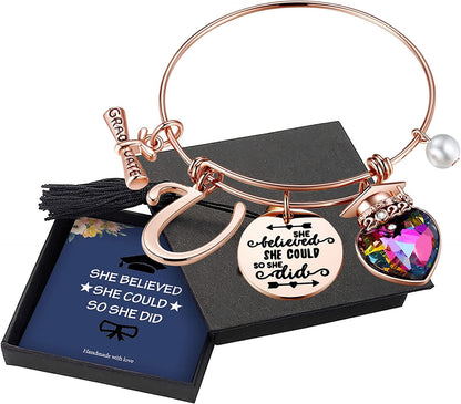 Yoosteel 2022 Graduation Gifts Charm Bracelets, 26 Initial Engraved Inspirational Bracelets Quote She Believed She Could so She Did Bracelet College Graduation Gifts for Him Her 2022 High School Apparel & Accessories > Jewelry > Bracelets Yoosteel U-Rose Gold  