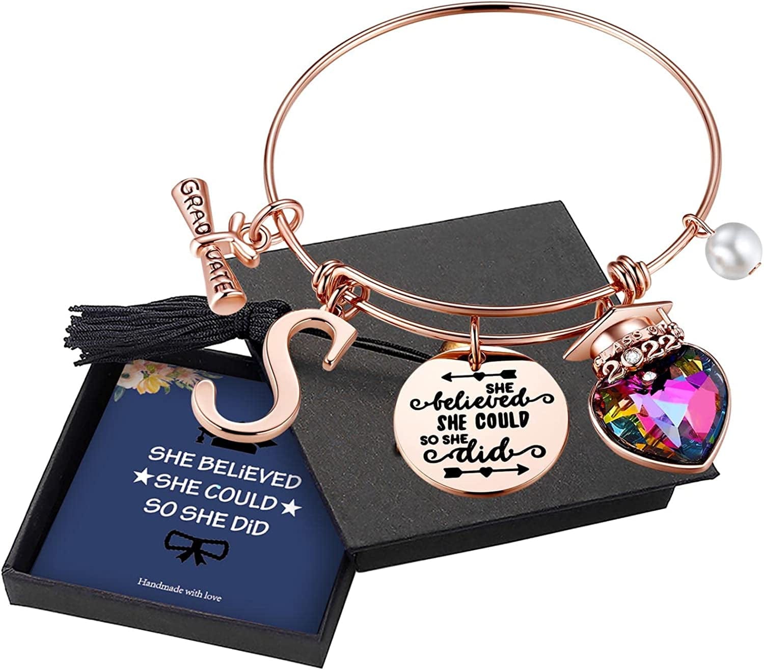 Yoosteel 2022 Graduation Gifts Charm Bracelets, 26 Initial Engraved Inspirational Bracelets Quote She Believed She Could so She Did Bracelet College Graduation Gifts for Him Her 2022 High School Apparel & Accessories > Jewelry > Bracelets Yoosteel S-Rose Gold  