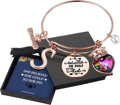 Yoosteel 2022 Graduation Gifts Charm Bracelets, 26 Initial Engraved Inspirational Bracelets Quote She Believed She Could so She Did Bracelet College Graduation Gifts for Him Her 2022 High School Apparel & Accessories > Jewelry > Bracelets Yoosteel S-Rose Gold  
