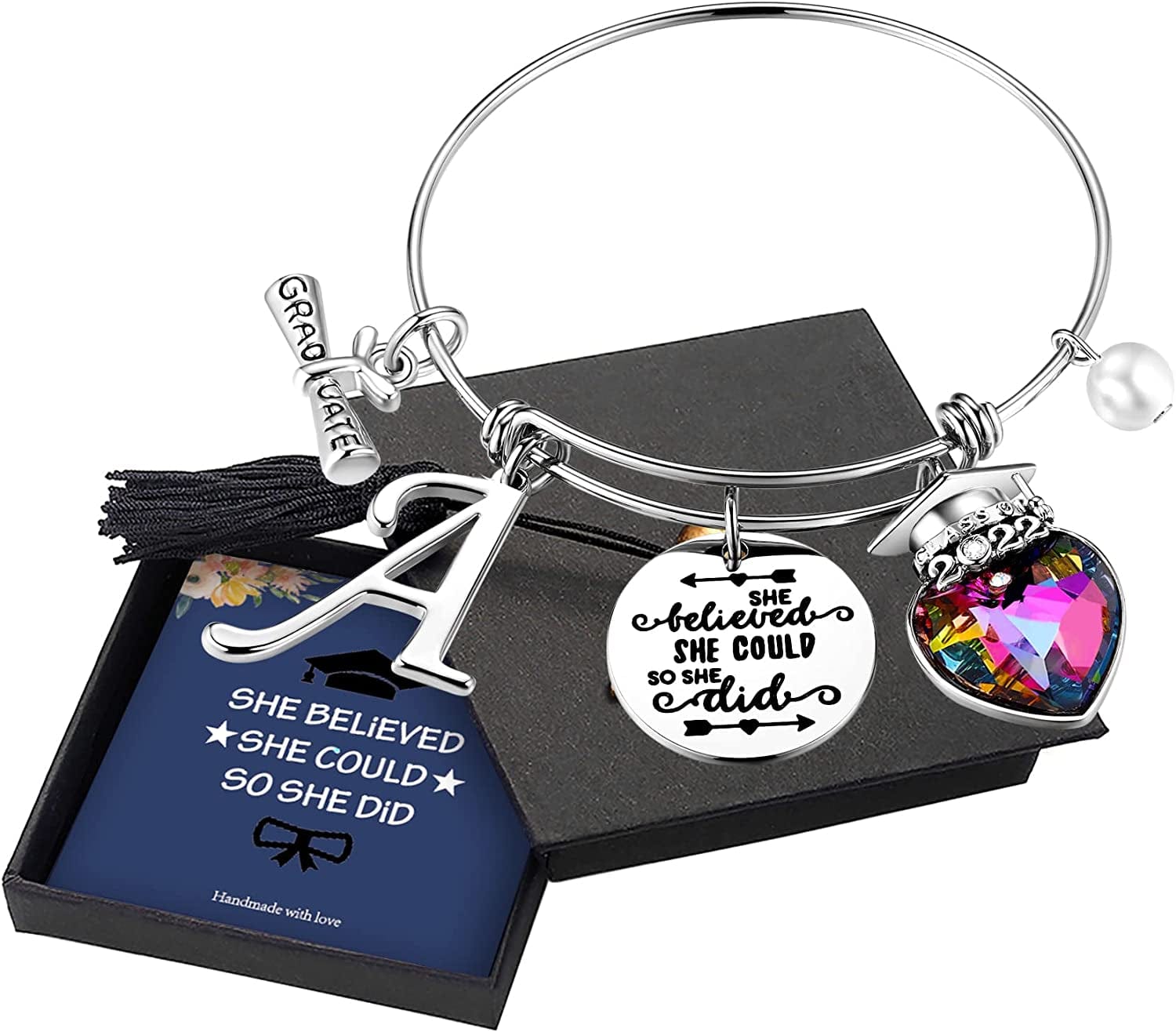 Yoosteel 2022 Graduation Gifts Charm Bracelets, 26 Initial Engraved Inspirational Bracelets Quote She Believed She Could so She Did Bracelet College Graduation Gifts for Him Her 2022 High School Apparel & Accessories > Jewelry > Bracelets Yoosteel A-Silver  