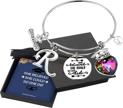 Yoosteel 2022 Graduation Gifts Charm Bracelets, 26 Initial Engraved Inspirational Bracelets Quote She Believed She Could so She Did Bracelet College Graduation Gifts for Him Her 2022 High School Apparel & Accessories > Jewelry > Bracelets Yoosteel R-Silver  