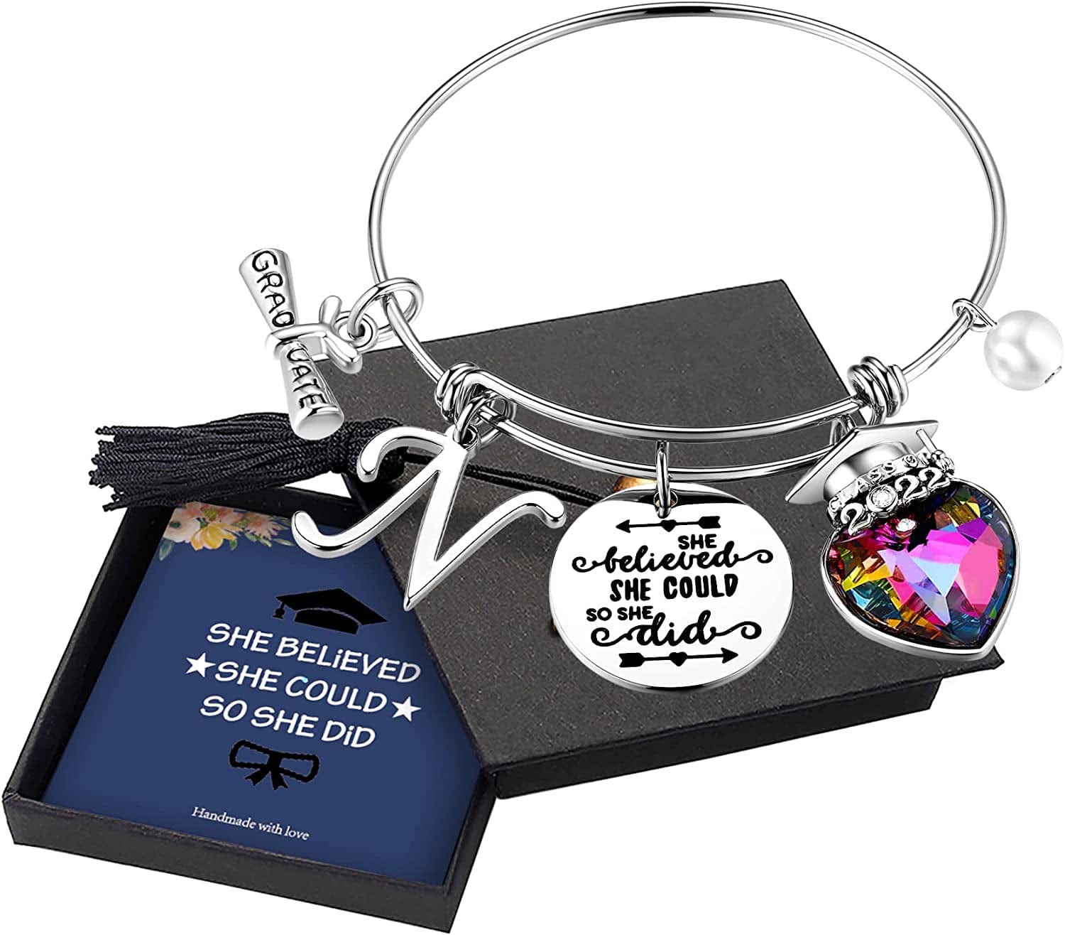 Yoosteel 2022 Graduation Gifts Charm Bracelets, 26 Initial Engraved Inspirational Bracelets Quote She Believed She Could so She Did Bracelet College Graduation Gifts for Him Her 2022 High School Apparel & Accessories > Jewelry > Bracelets Yoosteel N-Silver  