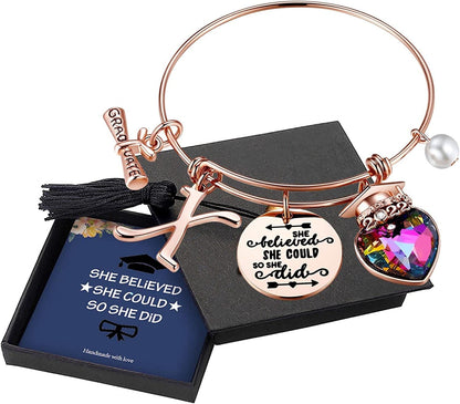 Yoosteel 2022 Graduation Gifts Charm Bracelets, 26 Initial Engraved Inspirational Bracelets Quote She Believed She Could so She Did Bracelet College Graduation Gifts for Him Her 2022 High School Apparel & Accessories > Jewelry > Bracelets Yoosteel X-Rose Gold  