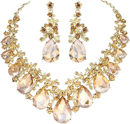 Youfir Austrian Crystal Leaf Statement Wedding Necklace and Earrings Jewelry Sets for Women Formal Dress Champagne