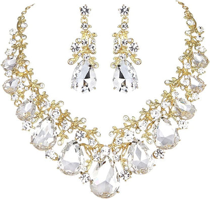 Youfir Austrian Crystal Leaf Statement Wedding Necklace and Earrings Jewelry Sets for Women Formal Dress Clear-Gold Tone