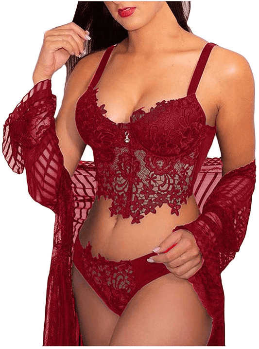 Youmymine Pleated Lingerie for Women Nightgowns Naughty Sleepwear Embroidery Lace Trim Babydoll Chemise Set Apparel & Accessories > Clothing > Underwear & Socks > Lingerie Youmymine&01 Red Large 