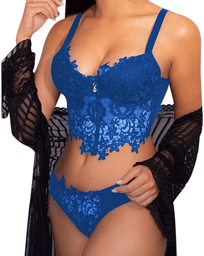Youmymine Pleated Lingerie for Women Nightgowns Naughty Sleepwear Embroidery Lace Trim Babydoll Chemise Set Apparel & Accessories > Clothing > Underwear & Socks > Lingerie Youmymine&01 Blue Small 