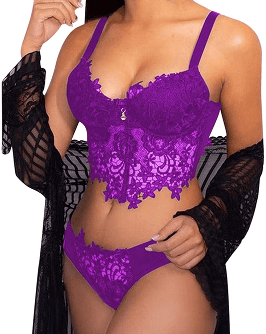 Youmymine Pleated Lingerie for Women Nightgowns Naughty Sleepwear Embroidery Lace Trim Babydoll Chemise Set Apparel & Accessories > Clothing > Underwear & Socks > Lingerie Youmymine&01 Purple Large 