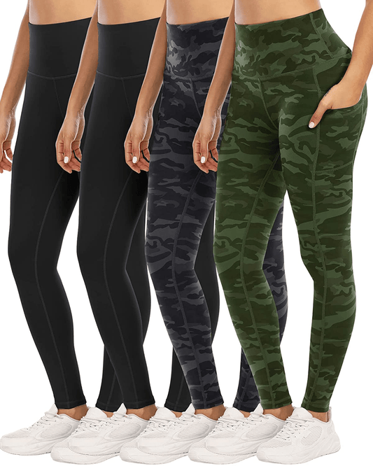 YOUNGCHARM 4 Pack Leggings with Pockets for Women，High Waist Tummy Control Workout Yoga Pants Apparel & Accessories > Clothing > Activewear YOUNGCHARM 4 Packs-black/Black/Camouflage Gray/Camouflage Green Small 