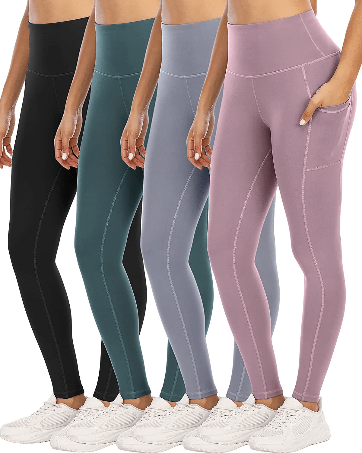 YOUNGCHARM 4 Pack Leggings with Pockets for Women，High Waist Tummy Control Workout Yoga Pants Apparel & Accessories > Clothing > Activewear YOUNGCHARM 4 Packs-black/Lilac Pink/Teal/Steel Blue Large 