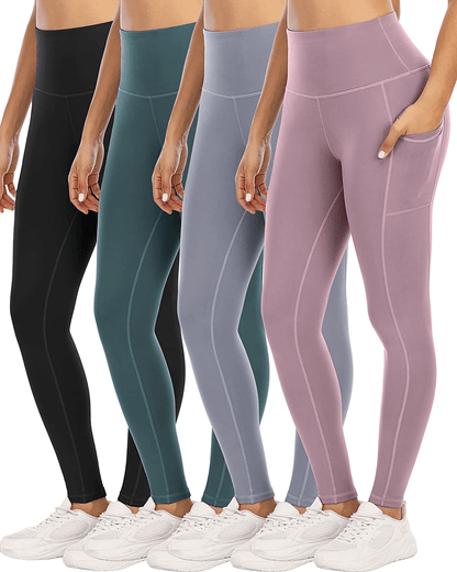 YOUNGCHARM 4 Pack Leggings with Pockets for Women，High Waist Tummy Control Workout Yoga Pants Apparel & Accessories > Clothing > Activewear YOUNGCHARM 4 Packs-black/Lilac Pink/Teal/Steel Blue Large 