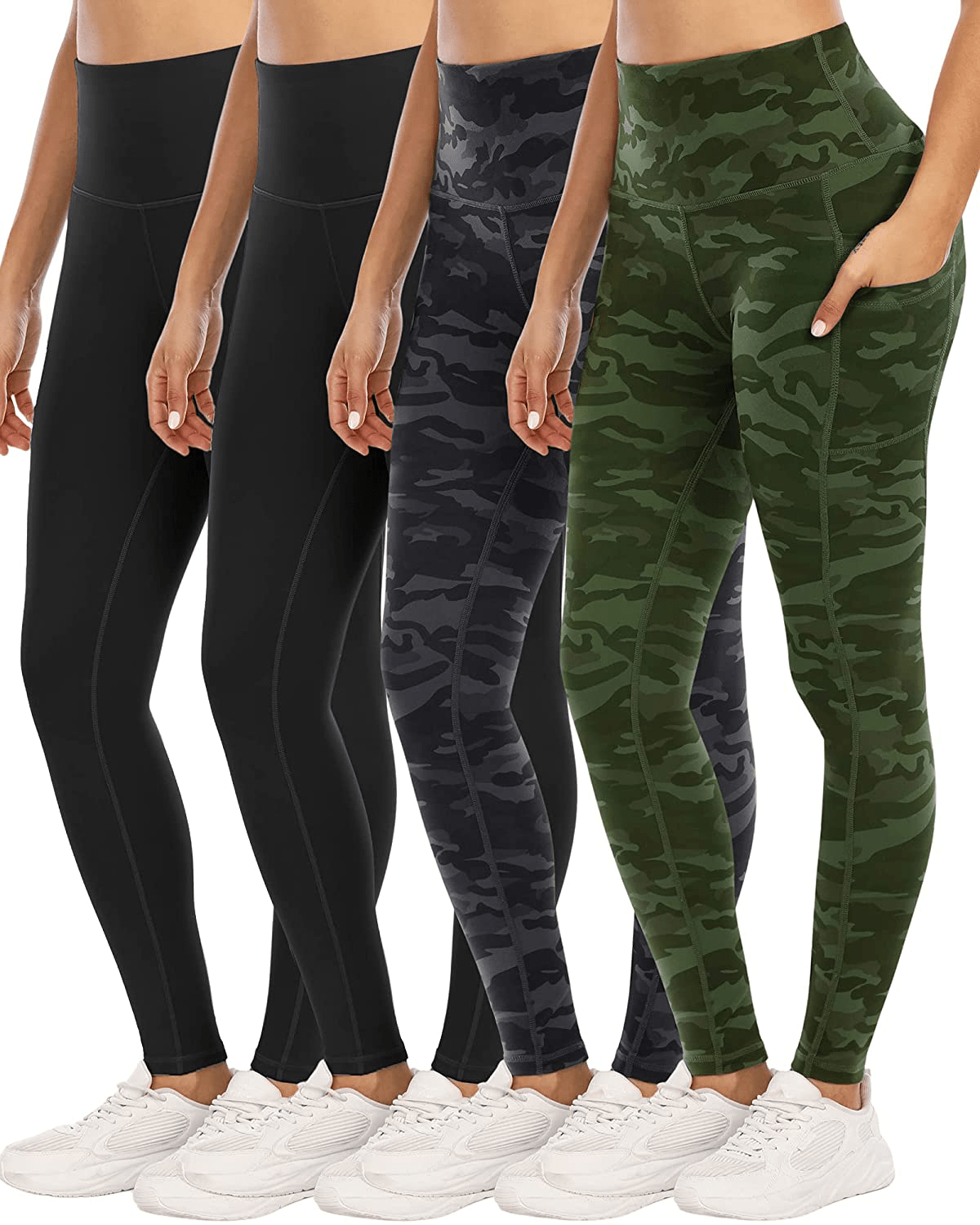 YOUNGCHARM 4 Pack Leggings with Pockets for Women，High Waist Tummy Control Workout Yoga Pants Apparel & Accessories > Clothing > Activewear YOUNGCHARM 4 Packs-black/Black/Camouflage Gray/Camouflage Green Medium 