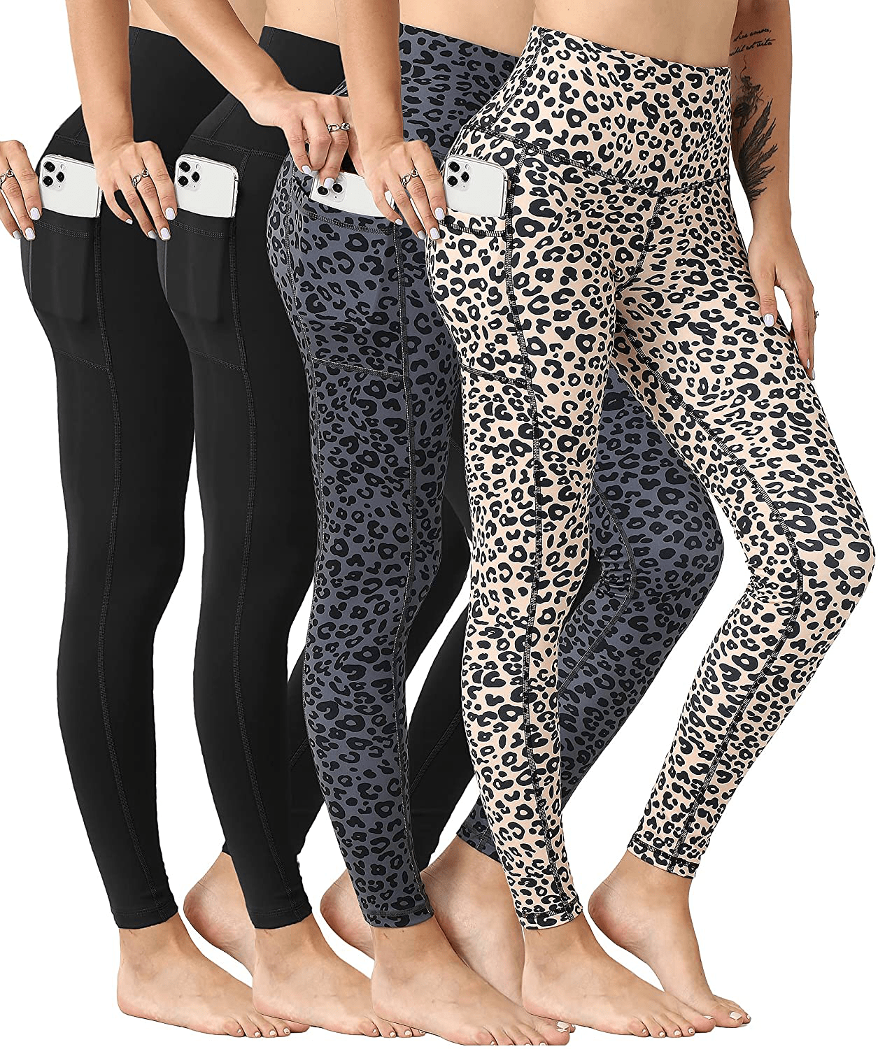 YOUNGCHARM 4 Pack Leggings with Pockets for Women，High Waist Tummy Control Workout Yoga Pants Apparel & Accessories > Clothing > Activewear YOUNGCHARM 4 Packs-black/Black/Grey Leopard/Yellow Leopard Medium 