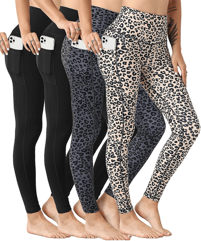 YOUNGCHARM 4 Pack Leggings with Pockets for Women，High Waist Tummy Control Workout Yoga Pants Apparel & Accessories > Clothing > Activewear YOUNGCHARM 4 Packs-black/Black/Grey Leopard/Yellow Leopard Medium 