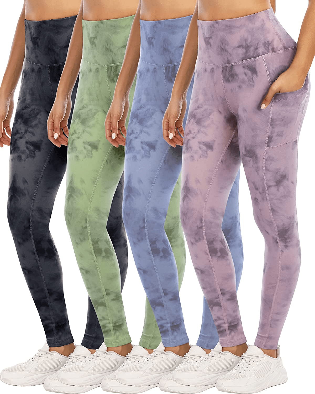 YOUNGCHARM 4 Pack Leggings with Pockets for Women，High Waist Tummy Control Workout Yoga Pants Apparel & Accessories > Clothing > Activewear YOUNGCHARM 4 Packs-black/Grass Green/Lilac Pink/Steel Blue Small 