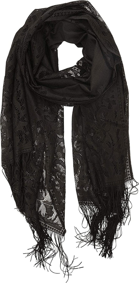 YOUR SMILE Ladies/Women'S Lightweight Solid Color Fringe Lace Tassels Long Shawl Scarf for Spring Summer Fall Apparel & Accessories > Clothing Accessories > Scarves & Shawls YOUR SMILE Black  