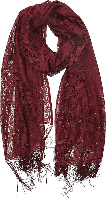 YOUR SMILE Ladies/Women'S Lightweight Solid Color Fringe Lace Tassels Long Shawl Scarf for Spring Summer Fall Apparel & Accessories > Clothing Accessories > Scarves & Shawls YOUR SMILE Burgundy  